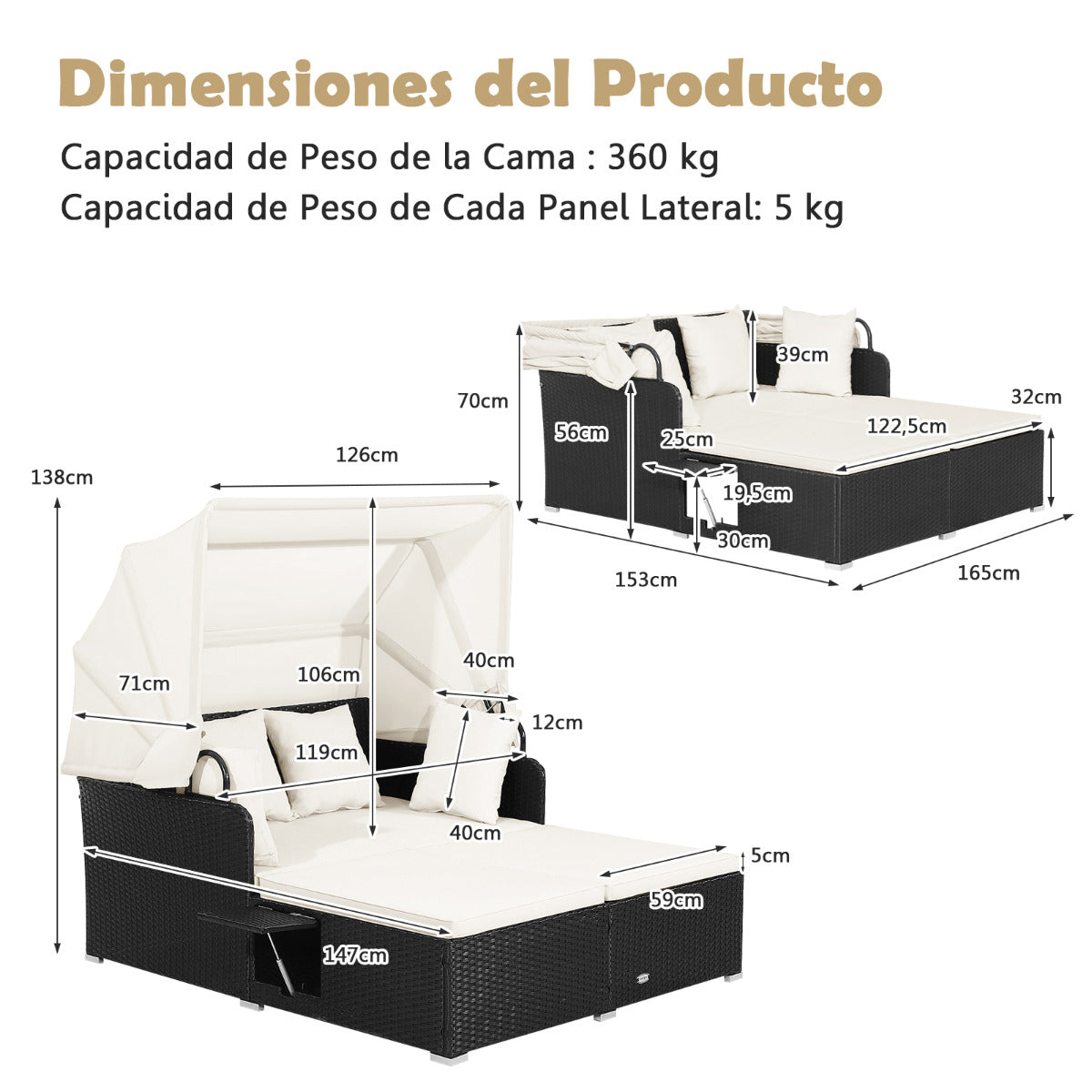 Cama Doble de Día de Ratán para Patio Tumbona con Cojines Dos Paneles Laterales Plegables para Jardín Patio Porche Blanco
