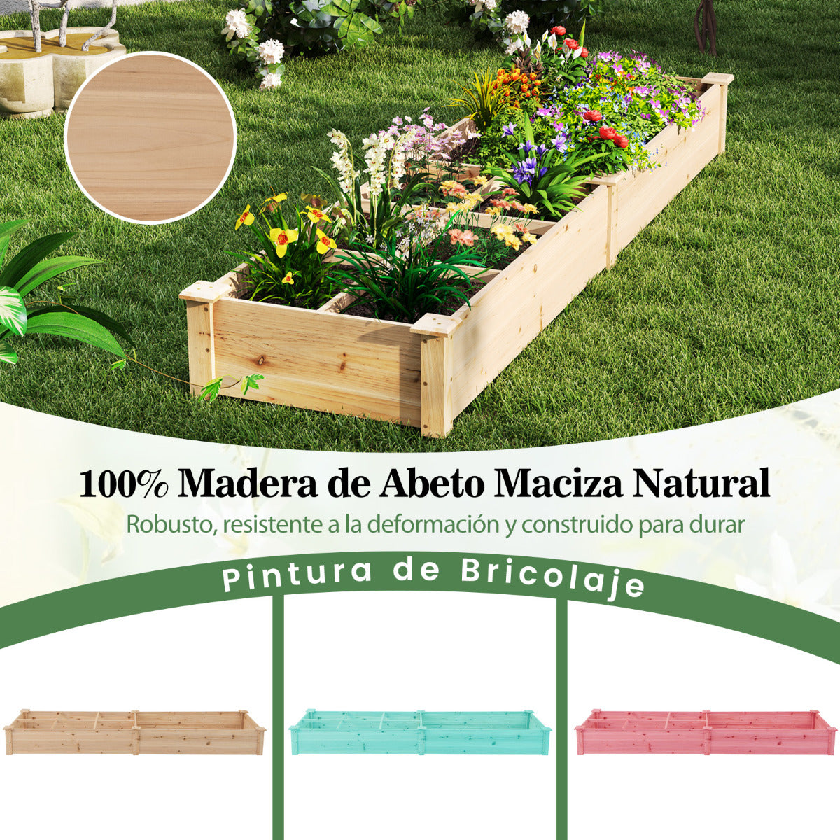 Cama Elevada de Jardín de Madera con 2 Cajas de Cultivo y Divisores Macetero Elevado para Flores Vegetales Frutas Jardinera para Patio