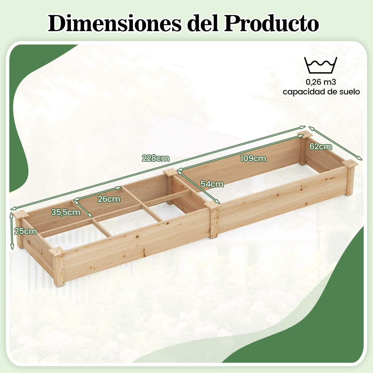 Cama Elevada de Jardín de Madera con 2 Cajas de Cultivo y Divisores Macetero Elevado para Flores Vegetales Frutas Jardinera para Patio