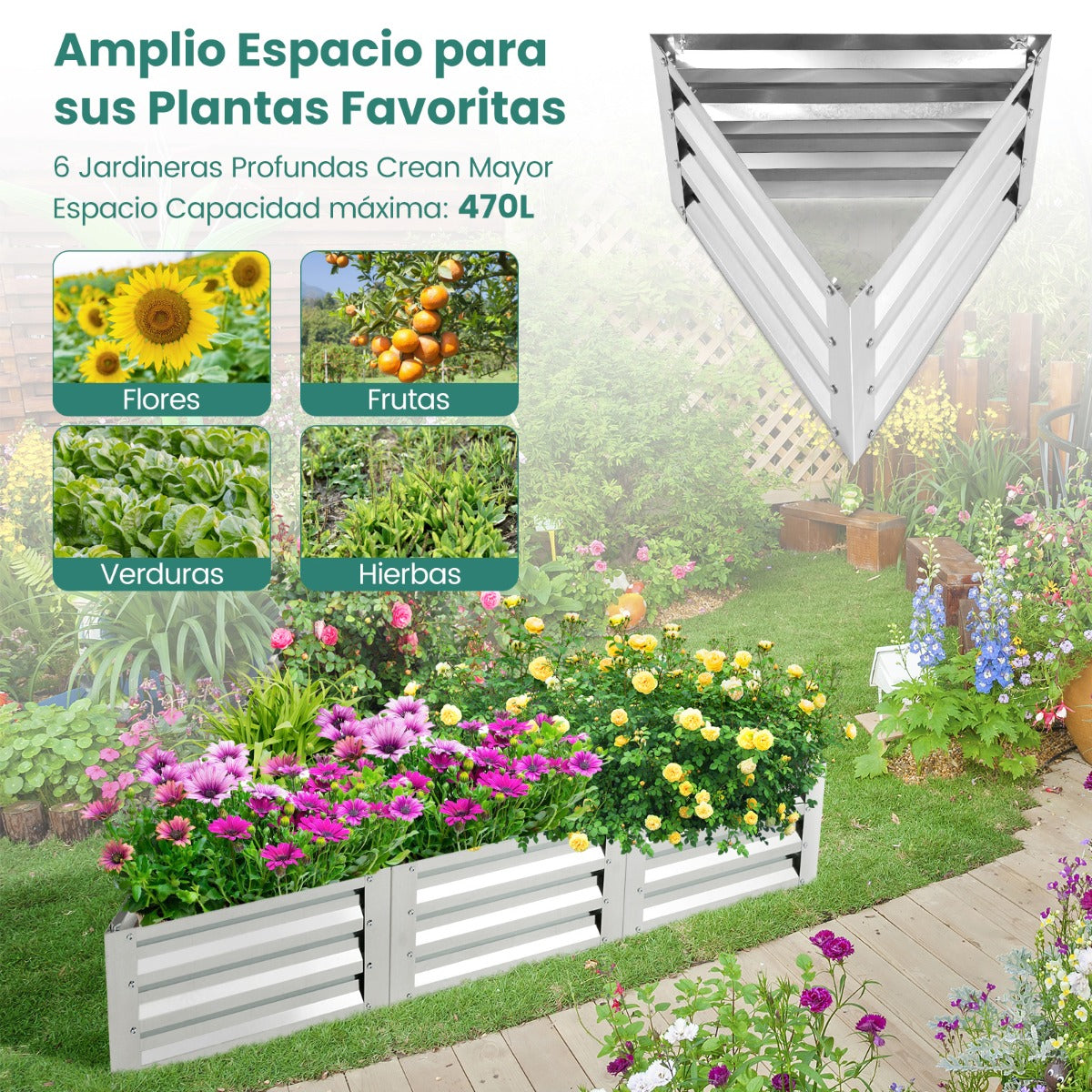 Cama Elevada Triangular Galvanizada para Jardín con Guantes Kit de 6 Cajas Metálicas para Vegetales Flores Hierbas 150 x 150 x 30 cm Plata