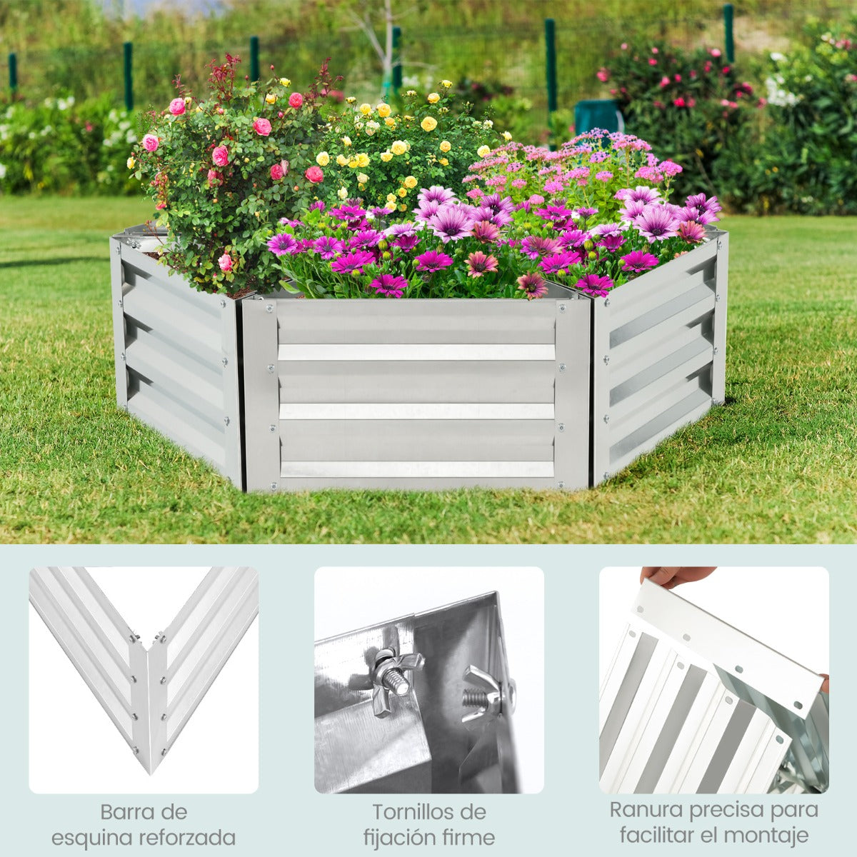 Cama Elevada Triangular Galvanizada para Jardín con Guantes Kit de 6 Cajas Metálicas para Vegetales Flores Hierbas 150 x 150 x 30 cm Plata