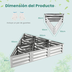 Cama Elevada Triangular Galvanizada para Jardín con Guantes Kit de 6 Cajas Metálicas para Vegetales Flores Hierbas 150 x 150 x 30 cm Plata