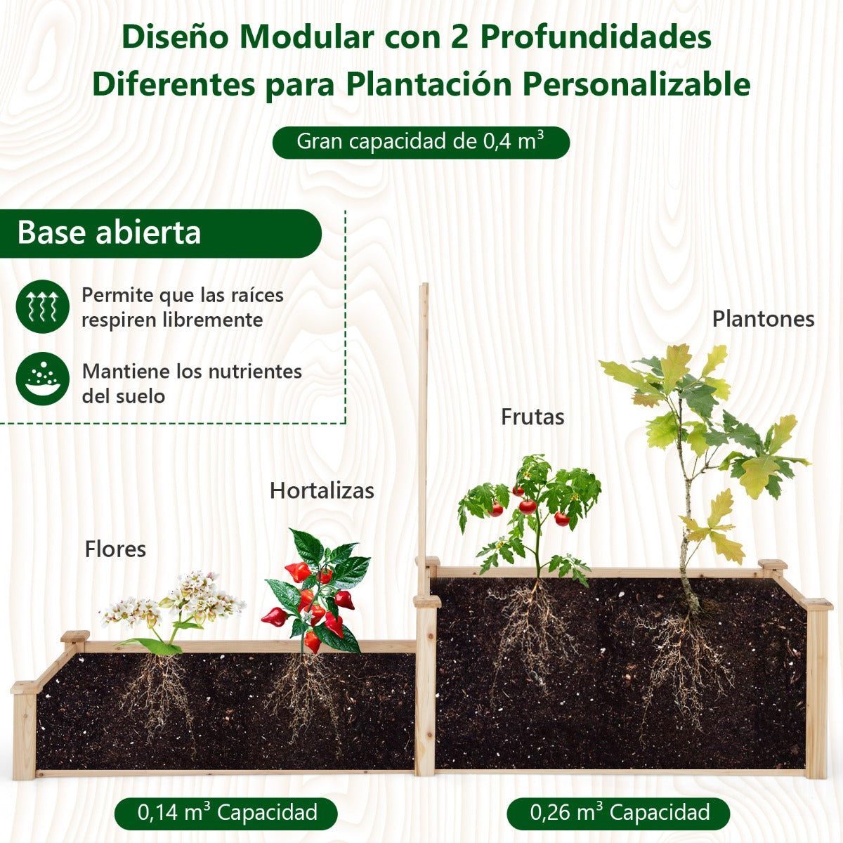 Cama Elevada de Jardín de 2 Niveles con Enrejado Fondo Abierto Cultivo de Flores Cantero Rectangular para Patio 223 x 64 x 134 cm Natural
