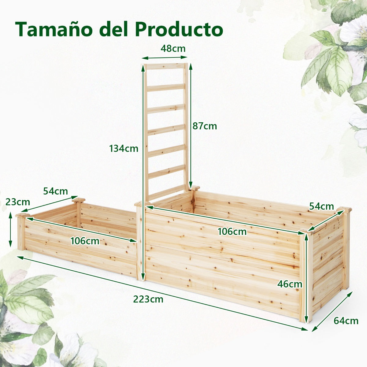 Cama Elevada de Jardín de 2 Niveles con Enrejado Fondo Abierto Cultivo de Flores Cantero Rectangular para Patio 223 x 64 x 134 cm Natural