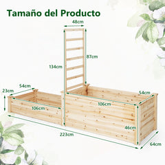 Cama Elevada de Jardín de 2 Niveles con Enrejado Fondo Abierto Cultivo de Flores Cantero Rectangular para Patio 223 x 64 x 134 cm Natural