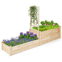 Cama Elevada de Jardín de 2 Niveles con Enrejado Fondo Abierto Cultivo de Flores Cantero Rectangular para Patio 223 x 64 x 134 cm Natural