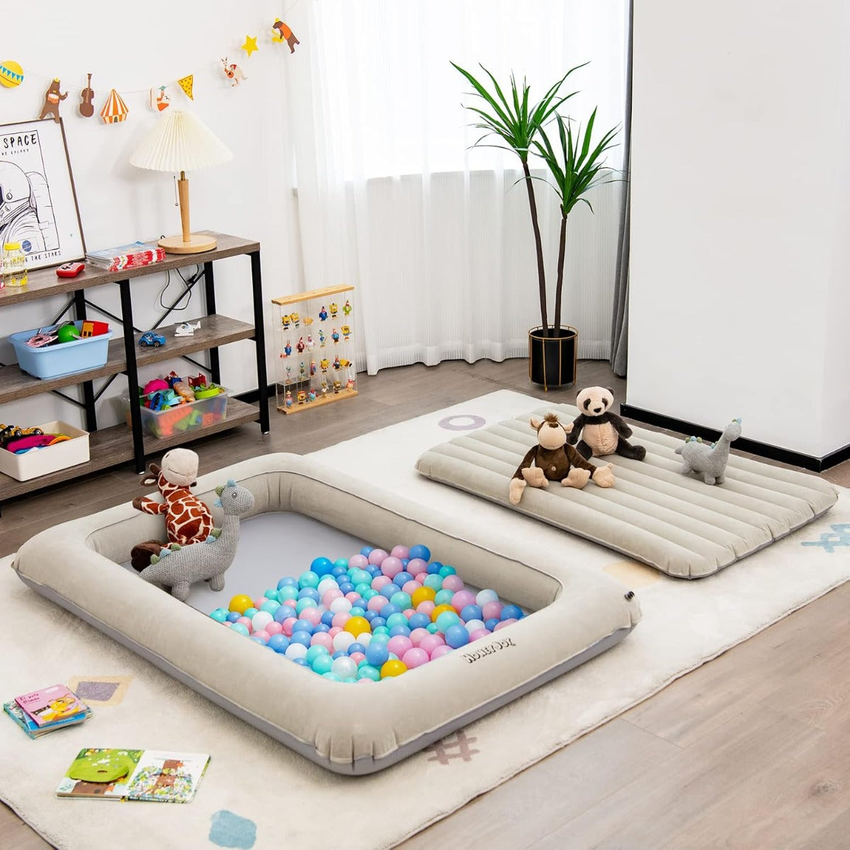 Cama de Viaje Inflable para Niños Colchón Portátil con Bomba Eléctrica Material Amigable para Niños Cama Hinchable de Doble Cara Gris Claro