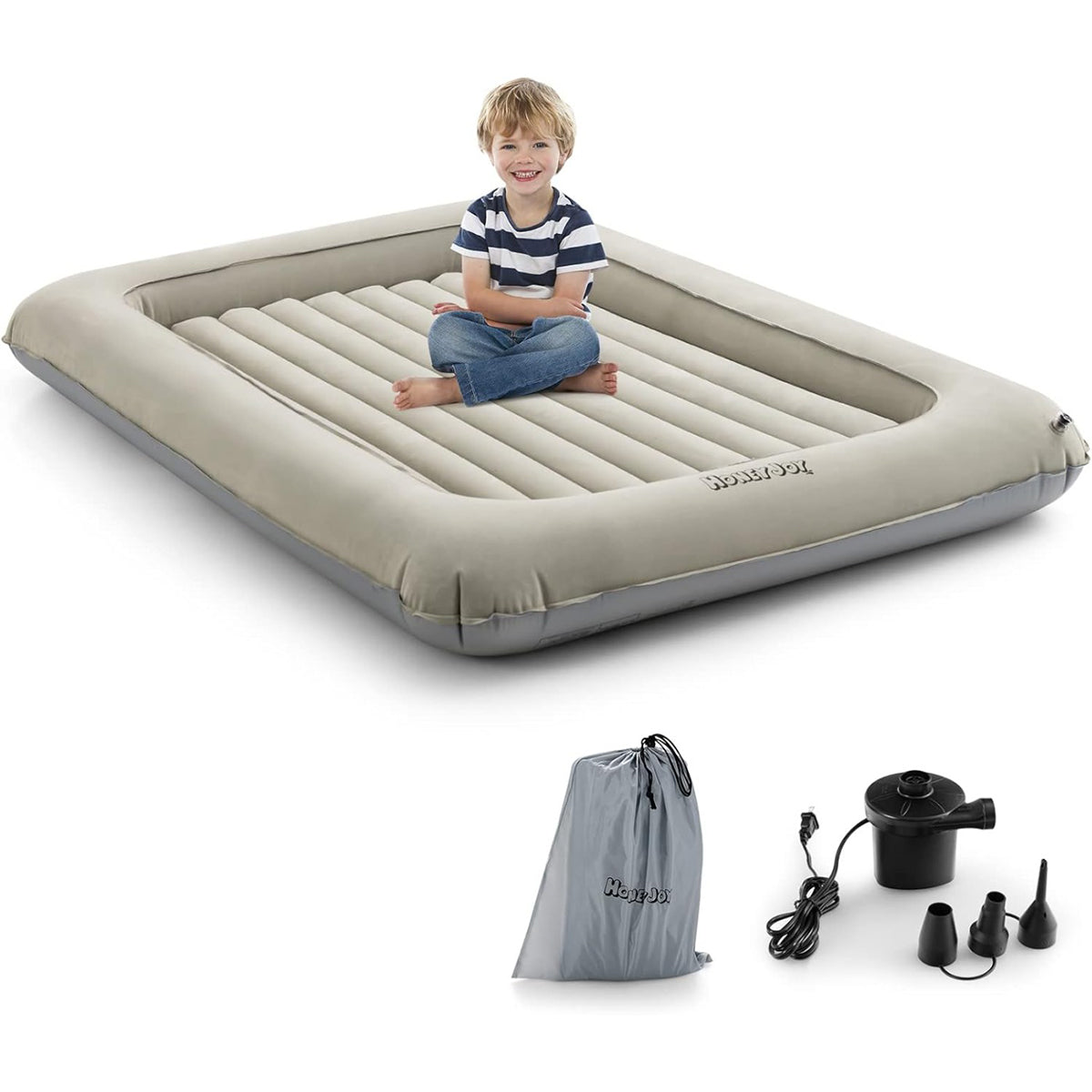 Cama de Viaje Inflable para Niños Colchón Portátil con Bomba Eléctrica Material Amigable para Niños Cama Hinchable de Doble Cara Gris Claro