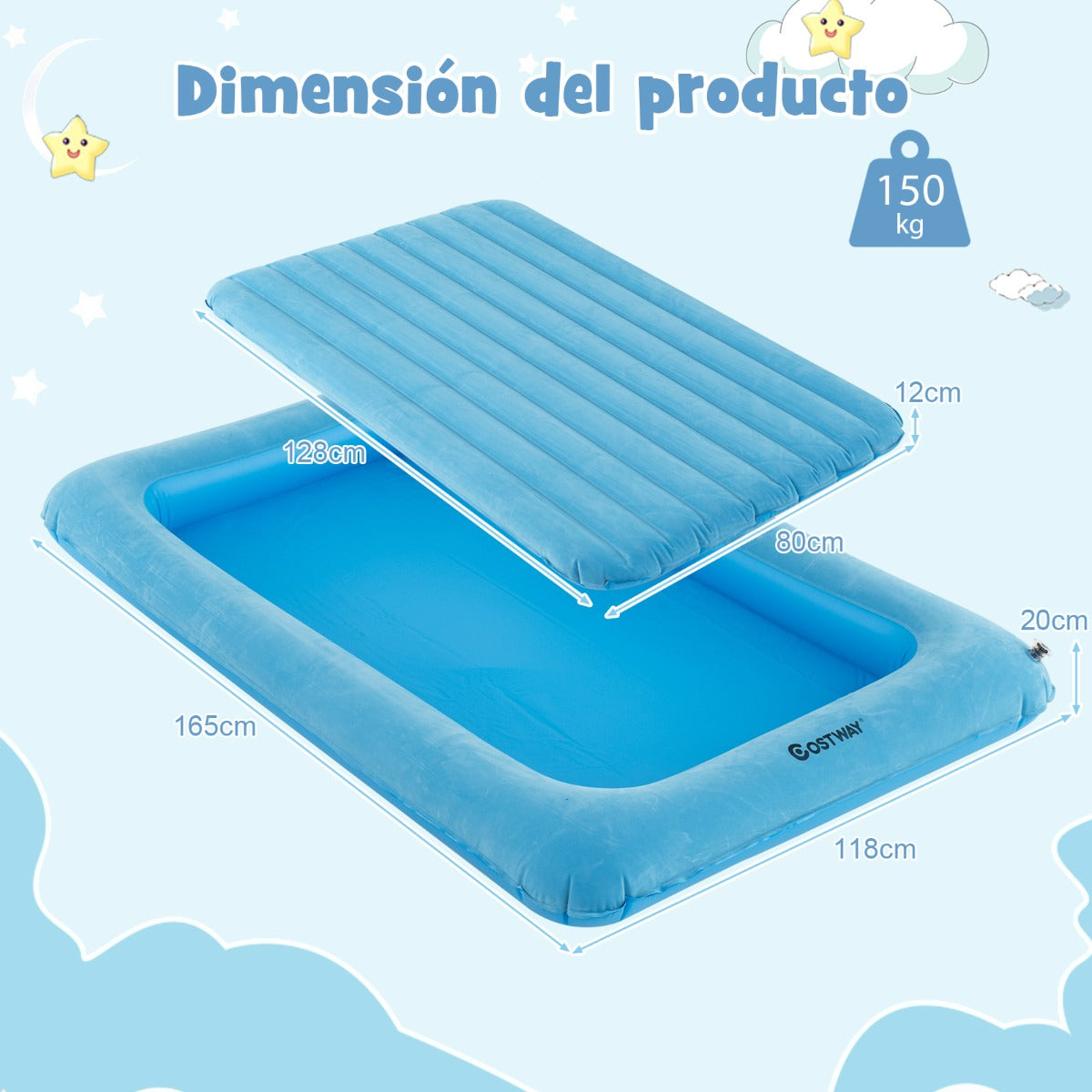 Cama de Viaje Inflable para Niños Colchón Portátil con Bomba Eléctrica Material Amigable para Niños Cama Hinchable de Doble Cara Azul