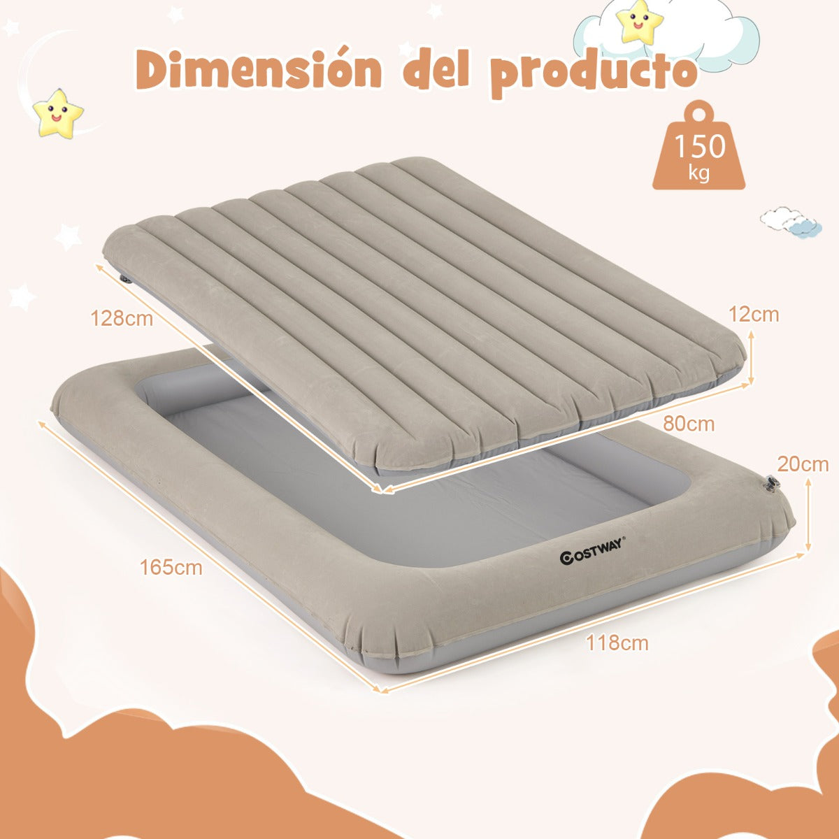 Cama de Viaje Inflable para Niños Colchón Portátil con Bomba Eléctrica Material Amigable para Niños Cama Hinchable de Doble Cara Gris Claro