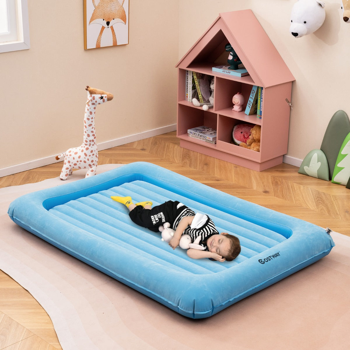 Cama de Viaje Inflable para Niños Colchón Portátil con Bomba Eléctrica Material Amigable para Niños Cama Hinchable de Doble Cara Azul