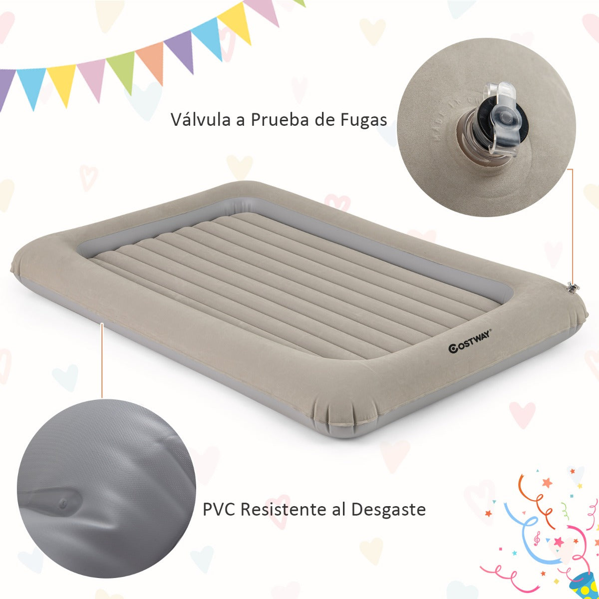 Cama de Viaje Inflable para Niños Colchón Portátil con Bomba Eléctrica Material Amigable para Niños Cama Hinchable de Doble Cara Gris Claro