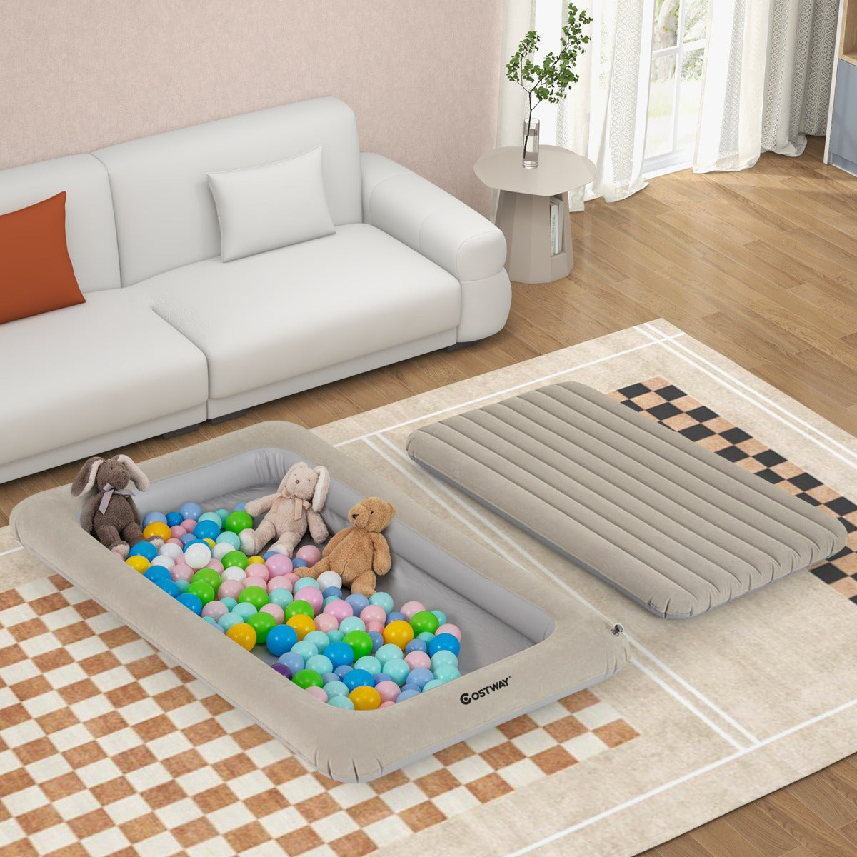 Cama de Viaje Inflable para Niños Colchón Portátil con Bomba Eléctrica Material Amigable para Niños Cama Hinchable de Doble Cara Gris Claro