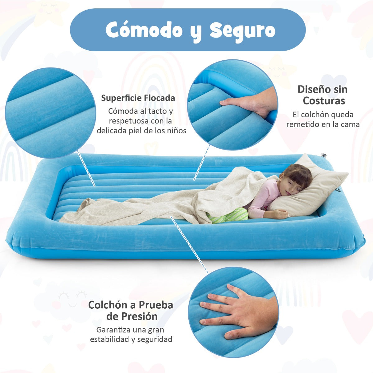 Cama de Viaje Inflable para Niños Colchón Portátil con Bomba Eléctrica Material Amigable para Niños Cama Hinchable de Doble Cara Azul