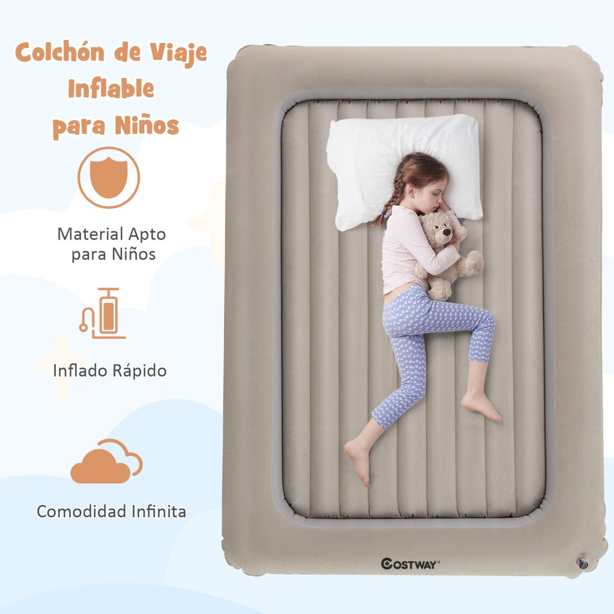 Cama de Viaje Inflable para Niños Colchón Portátil con Bomba Eléctrica Material Amigable para Niños Cama Hinchable de Doble Cara Gris Claro