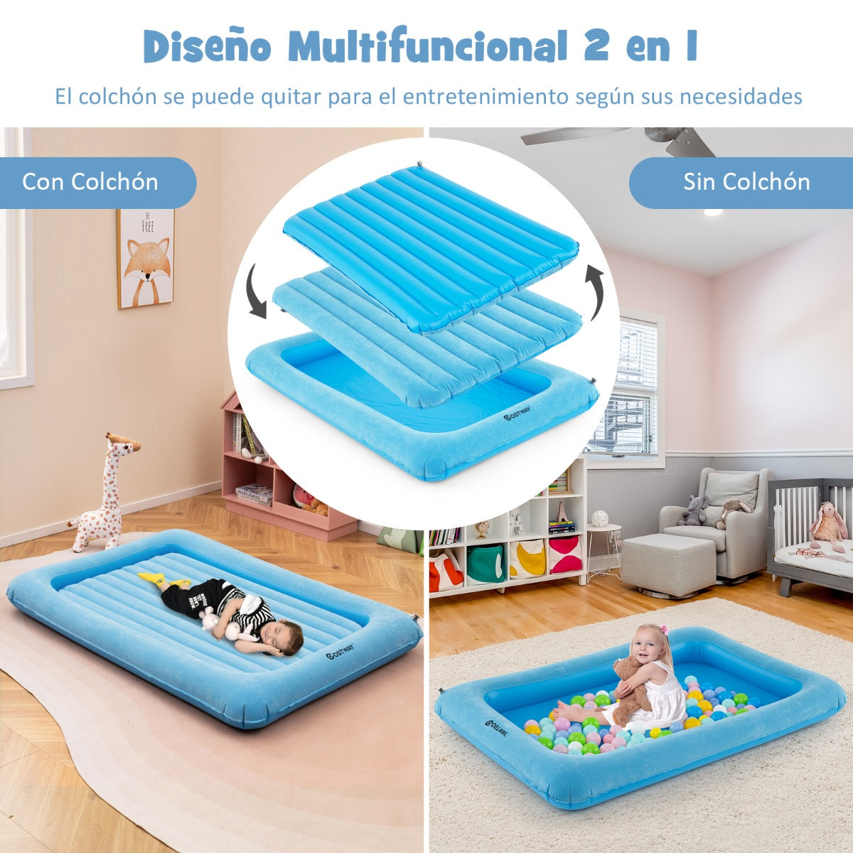 Cama de Viaje Inflable para Niños Colchón Portátil con Bomba Eléctrica Material Amigable para Niños Cama Hinchable de Doble Cara Azul