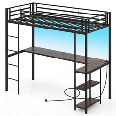 Cama Loft de 200 x 90 cm con Escritorio Cama Elevada con LED Estación de Carga Cama Metálica Alta con Barandilla y Escalera Negro