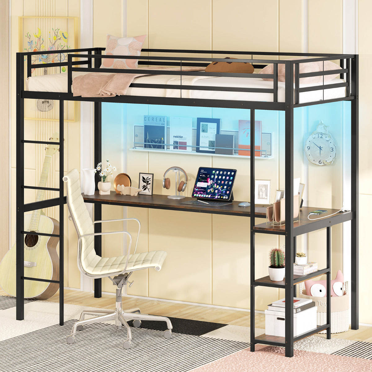 Cama Loft de 200 x 90 cm con Escritorio Cama Elevada con LED Estación de Carga Cama Metálica Alta con Barandilla y Escalera Negro