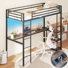 Cama Loft de 200 x 90 cm con Escritorio Cama Elevada con LED Estación de Carga Cama Metálica Alta con Barandilla y Escalera Negro