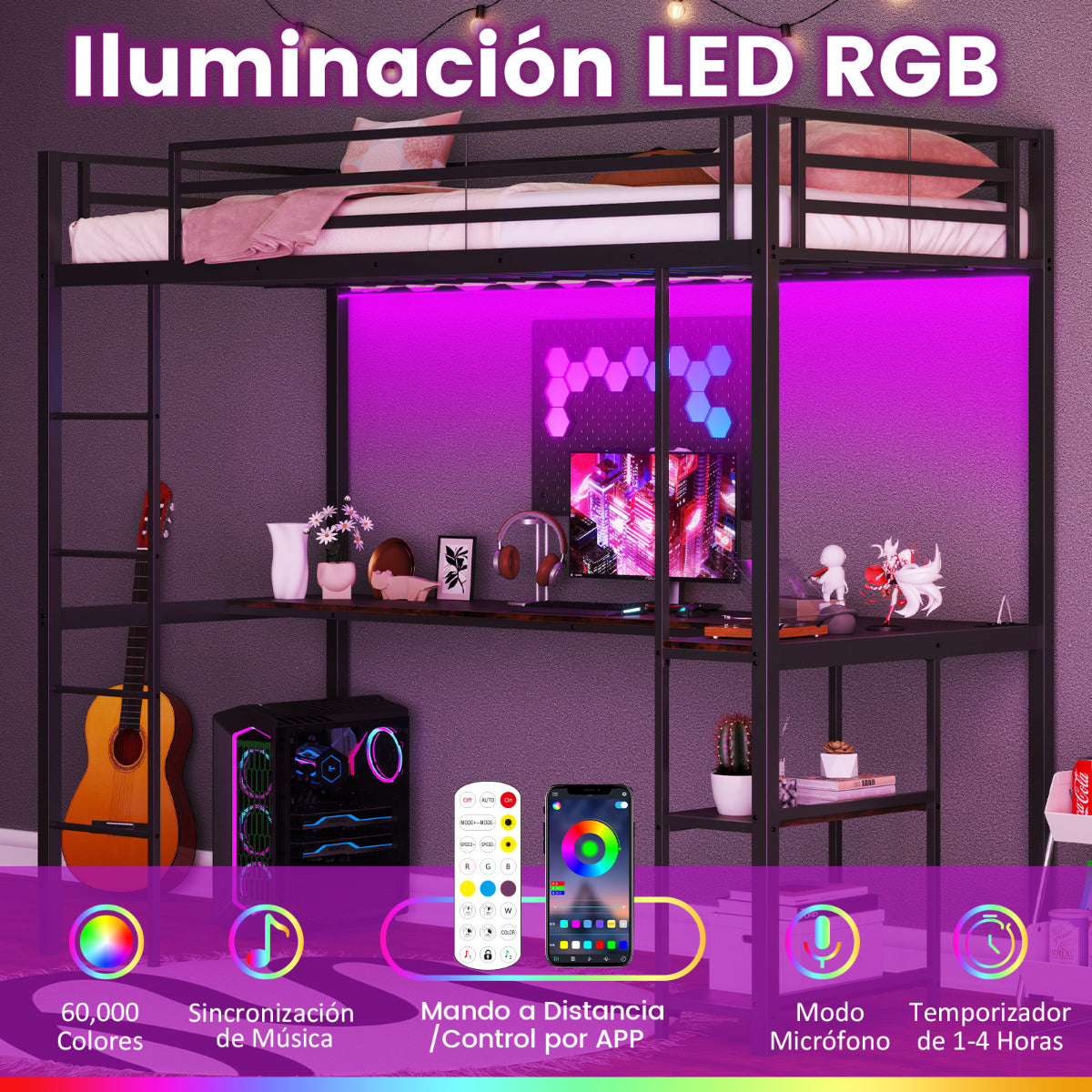 Cama Loft de 200 x 90 cm con Escritorio Cama Elevada con LED Estación de Carga Cama Metálica Alta con Barandilla y Escalera Negro