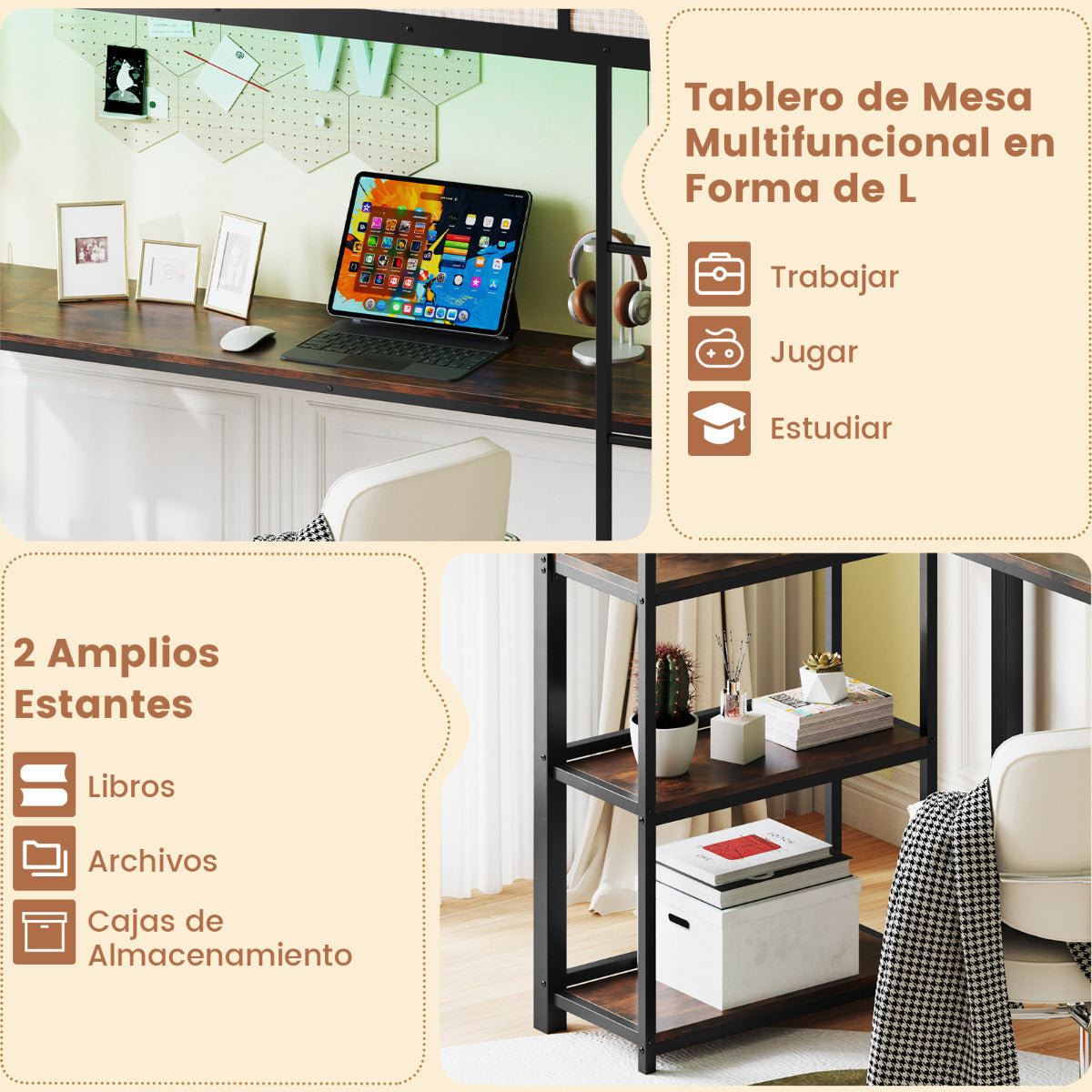 Cama Loft de 200 x 90 cm con Escritorio Cama Elevada con LED Estación de Carga Cama Metálica Alta con Barandilla y Escalera Negro