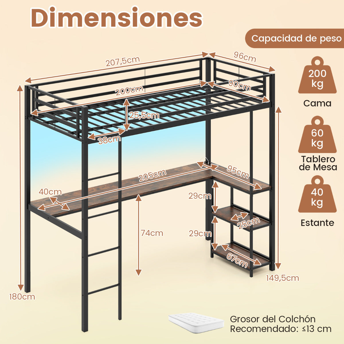 Cama Loft de 200 x 90 cm con Escritorio Cama Elevada con LED Estación de Carga Cama Metálica Alta con Barandilla y Escalera Negro