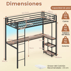 Cama Loft de 200 x 90 cm con Escritorio Cama Elevada con LED Estación de Carga Cama Metálica Alta con Barandilla y Escalera Negro