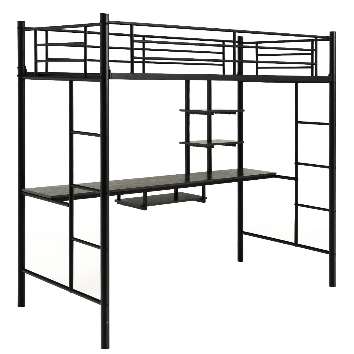 Cama Alta con Escritorio 2 Escaleras Bilaterales y 2 Estantes de Almacenamiento Cama Alta Individual para Adultos y Adolescentes Negro