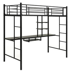Cama Alta con Escritorio 2 Escaleras Bilaterales y 2 Estantes de Almacenamiento Cama Alta Individual para Adultos y Adolescentes Negro