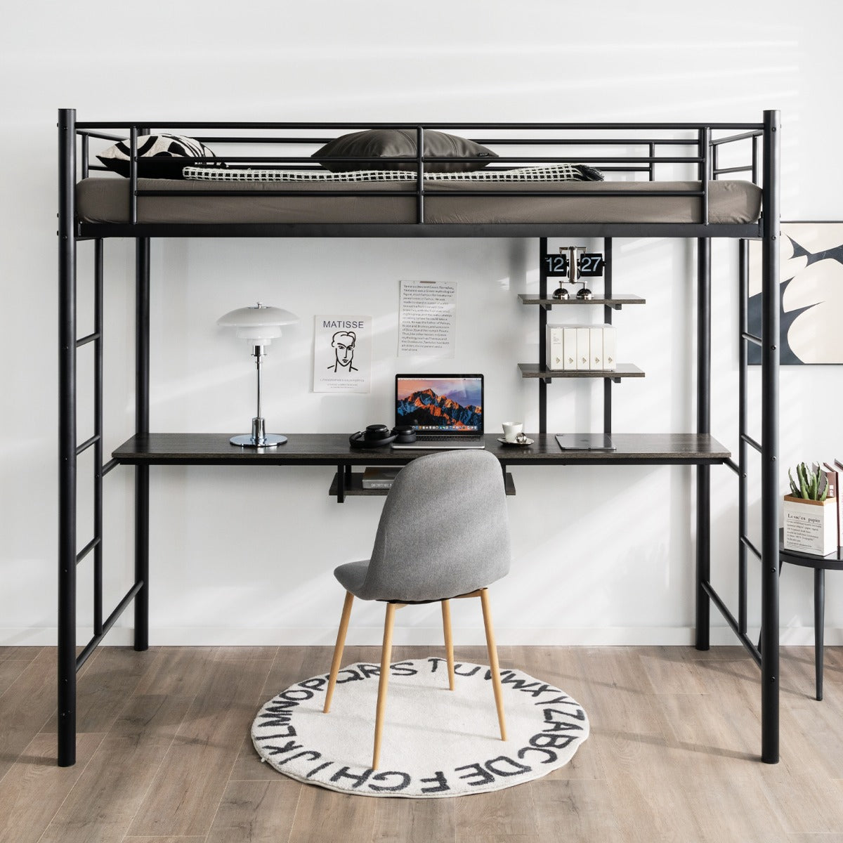 Cama Alta con Escritorio 2 Escaleras Bilaterales y 2 Estantes de Almacenamiento Cama Alta Individual para Adultos y Adolescentes Negro