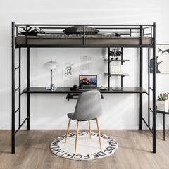 Cama Alta con Escritorio 2 Escaleras Bilaterales y 2 Estantes de Almacenamiento Cama Alta Individual para Adultos y Adolescentes Negro