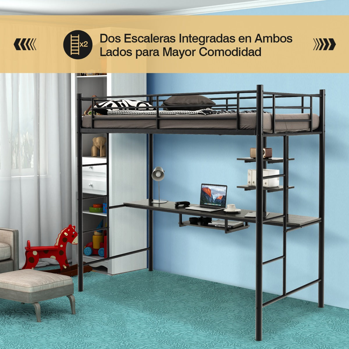 Cama Alta con Escritorio 2 Escaleras Bilaterales y 2 Estantes de Almacenamiento Cama Alta Individual para Adultos y Adolescentes Negro
