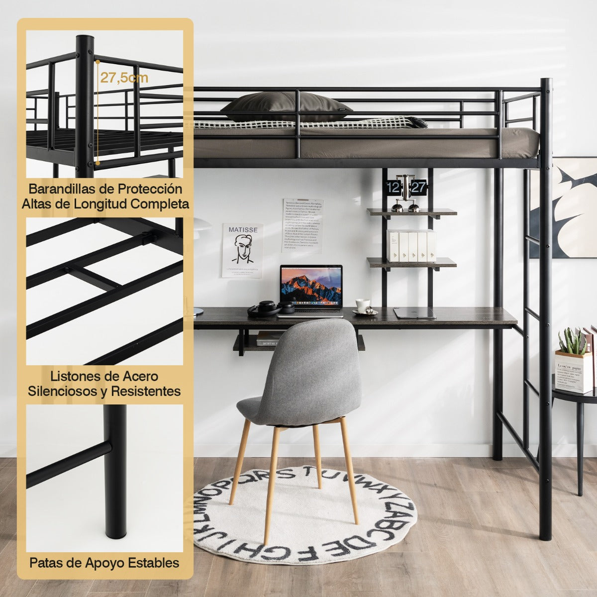 Cama Alta con Escritorio 2 Escaleras Bilaterales y 2 Estantes de Almacenamiento Cama Alta Individual para Adultos y Adolescentes Negro