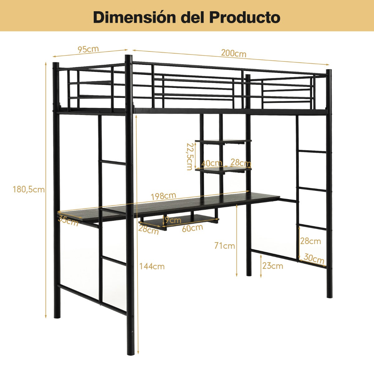 Cama Alta con Escritorio 2 Escaleras Bilaterales y 2 Estantes de Almacenamiento Cama Alta Individual para Adultos y Adolescentes Negro