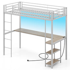 Cama Loft de 200 x 90 cm con Escritorio Cama Elevada con LED Estación de Carga Cama Metálica Alta con Barandilla y Escalera Plata