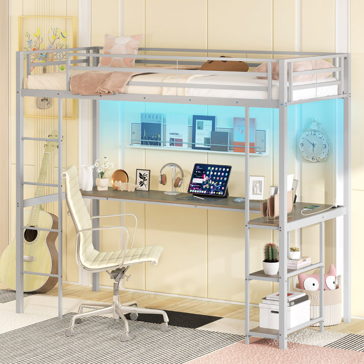 Cama Loft de 200 x 90 cm con Escritorio Cama Elevada con LED Estación de Carga Cama Metálica Alta con Barandilla y Escalera Plata