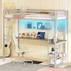 Cama Loft de 200 x 90 cm con Escritorio Cama Elevada con LED Estación de Carga Cama Metálica Alta con Barandilla y Escalera Plata