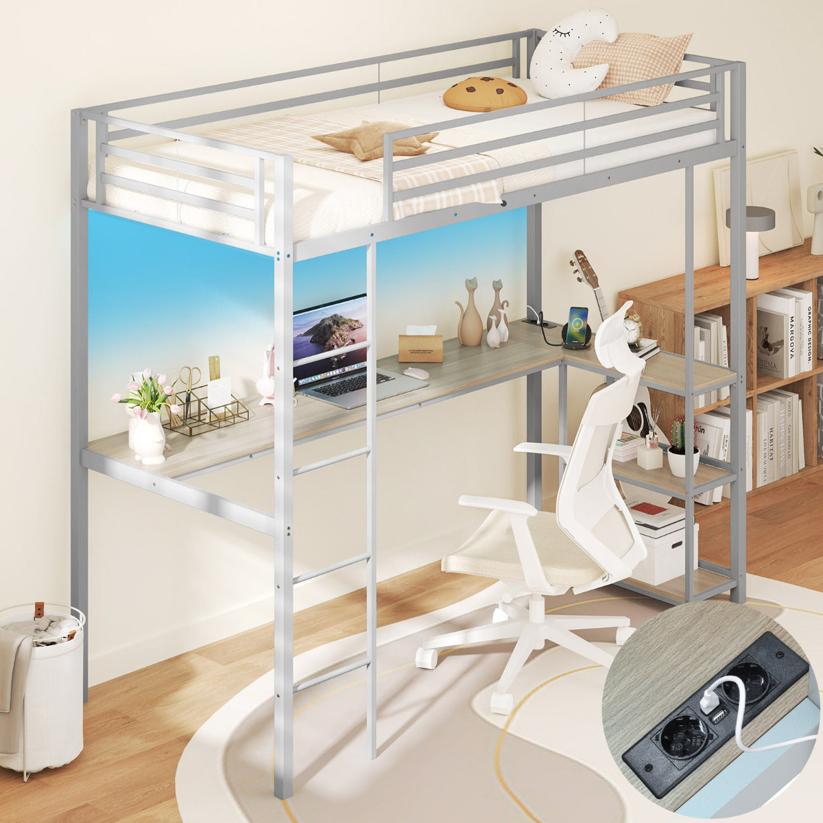 Cama Loft de 200 x 90 cm con Escritorio Cama Elevada con LED Estación de Carga Cama Metálica Alta con Barandilla y Escalera Plata