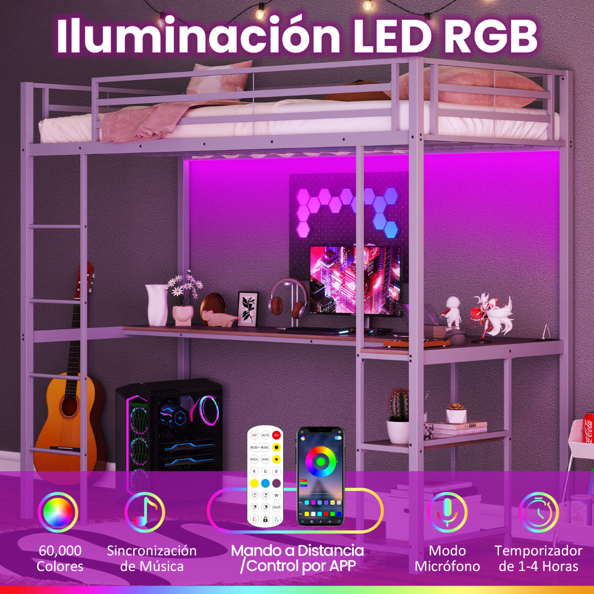 Cama Loft de 200 x 90 cm con Escritorio Cama Elevada con LED Estación de Carga Cama Metálica Alta con Barandilla y Escalera Plata