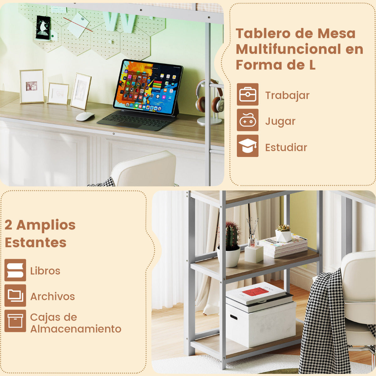Cama Loft de 200 x 90 cm con Escritorio Cama Elevada con LED Estación de Carga Cama Metálica Alta con Barandilla y Escalera Plata