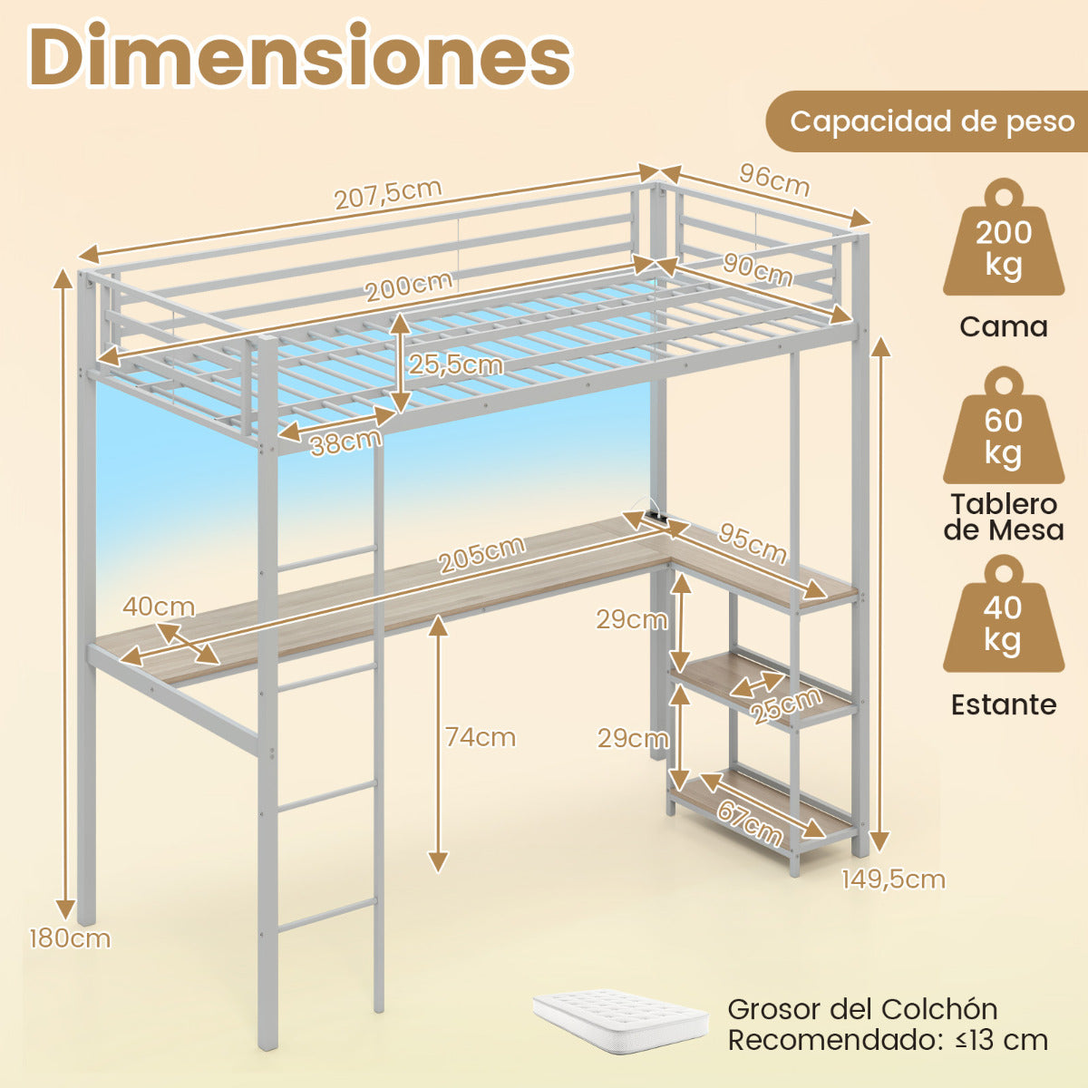 Cama Loft de 200 x 90 cm con Escritorio Cama Elevada con LED Estación de Carga Cama Metálica Alta con Barandilla y Escalera Plata