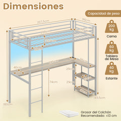 Cama Loft de 200 x 90 cm con Escritorio Cama Elevada con LED Estación de Carga Cama Metálica Alta con Barandilla y Escalera Plata