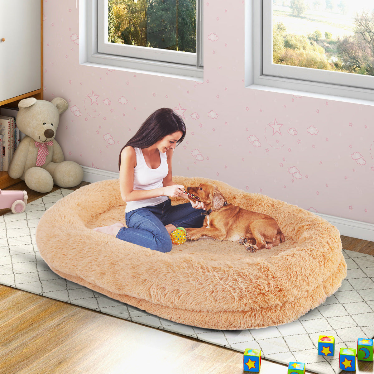 Cama para Siesta Lavable y Esponjosa de Piel Sintética Se Adapta Mascotas y Personas Adultos con Manta Almohada 171 x 115 x 25 cm Marrón