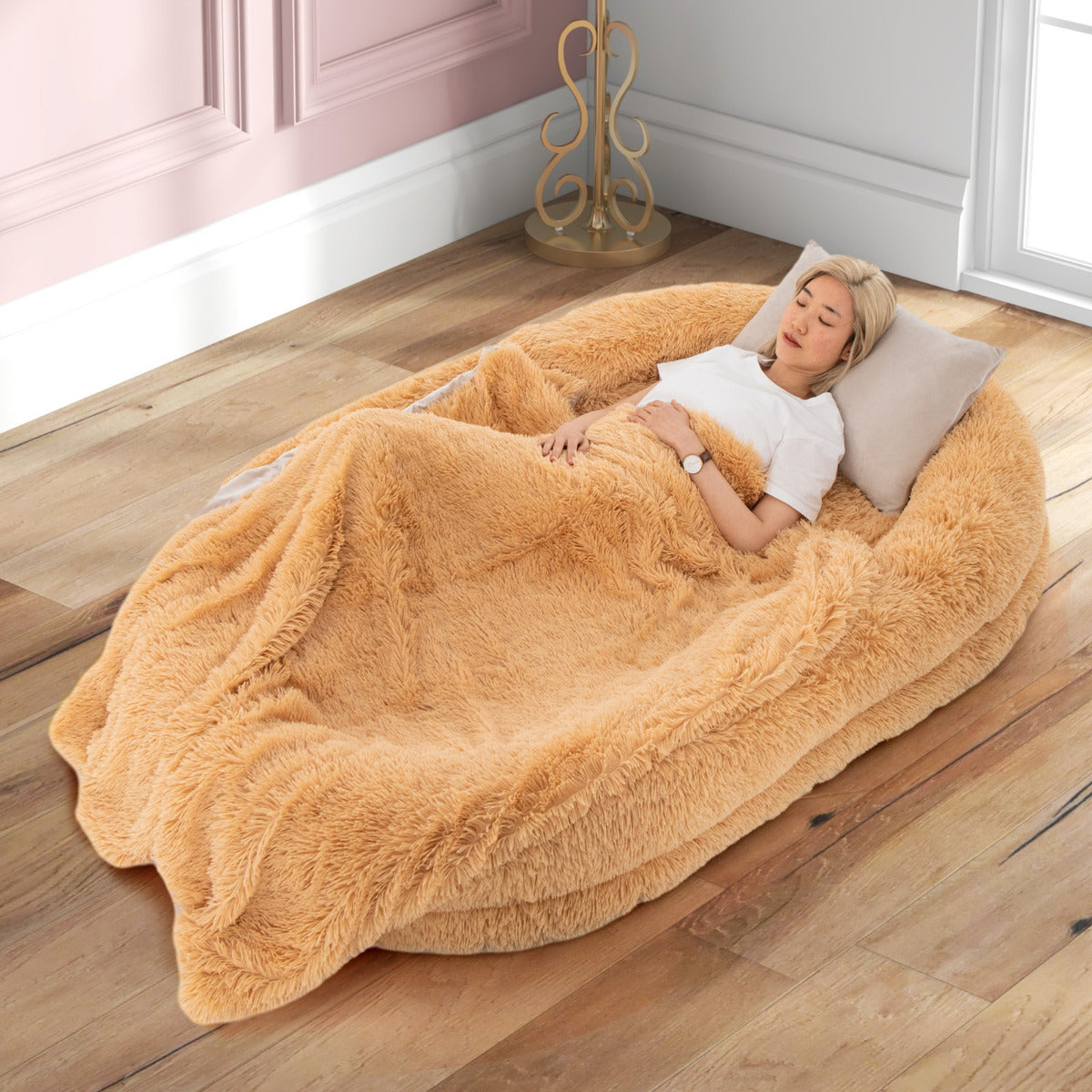 Cama para Siesta Lavable y Esponjosa de Piel Sintética Se Adapta Mascotas y Personas Adultos con Manta Almohada 171 x 115 x 25 cm Marrón