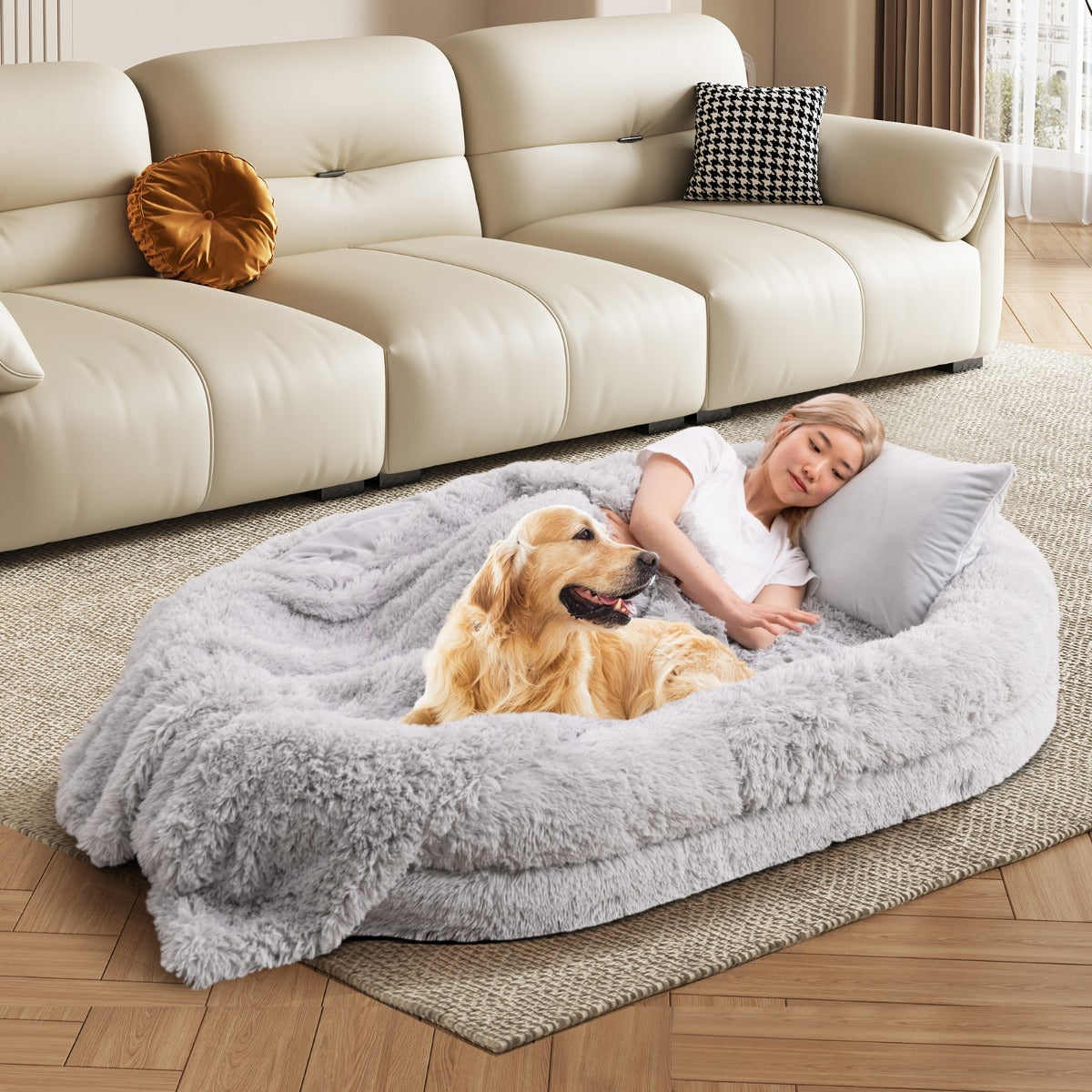 Cama para Siesta Lavable y Esponjosa de Piel Sintética Se Adapta Mascotas y Personas Adultos con Manta Almohada 171 x 115 x 25 cm Gris