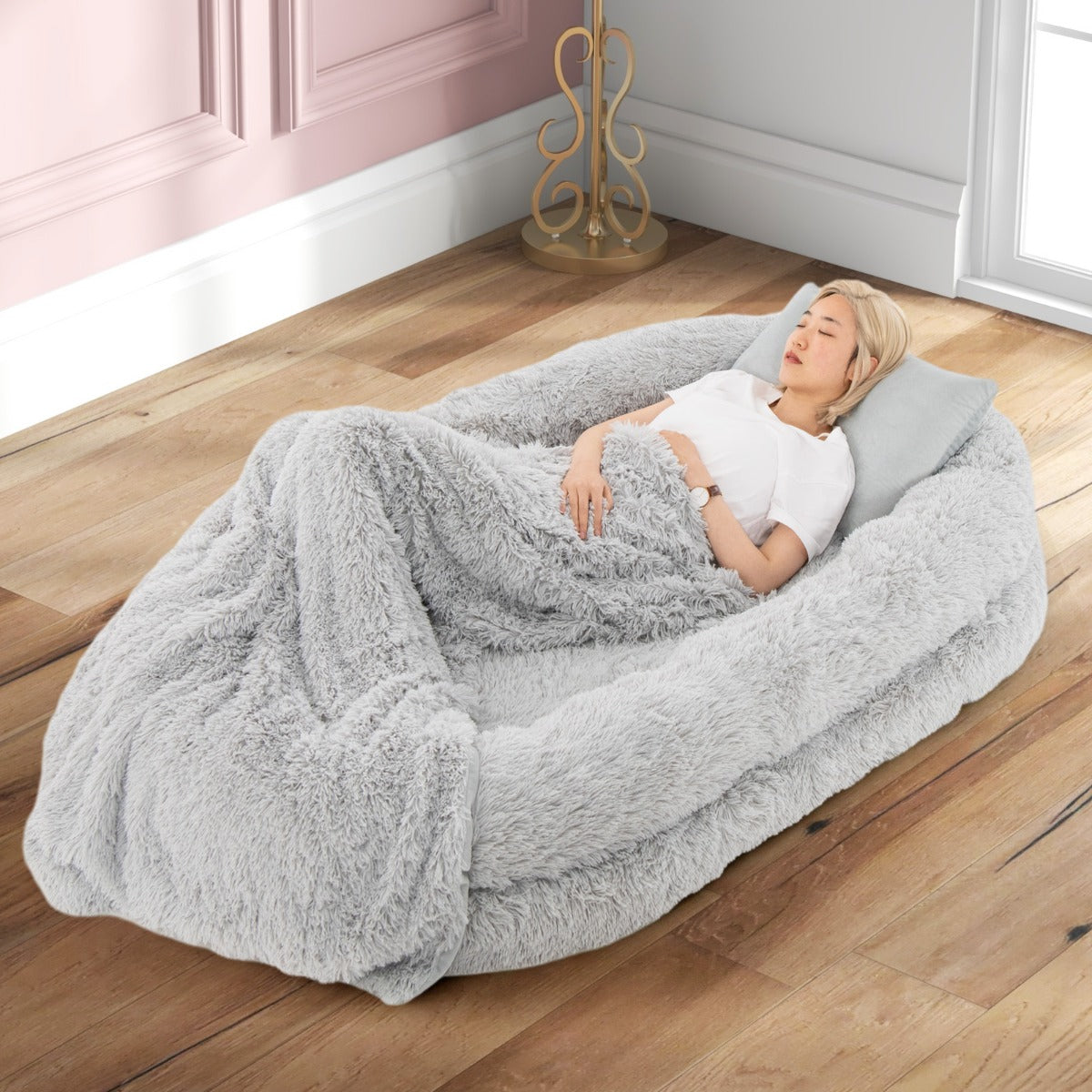 Cama para Siesta Lavable y Esponjosa de Piel Sintética Se Adapta Mascotas y Personas Adultos con Manta Almohada 171 x 115 x 25 cm Gris