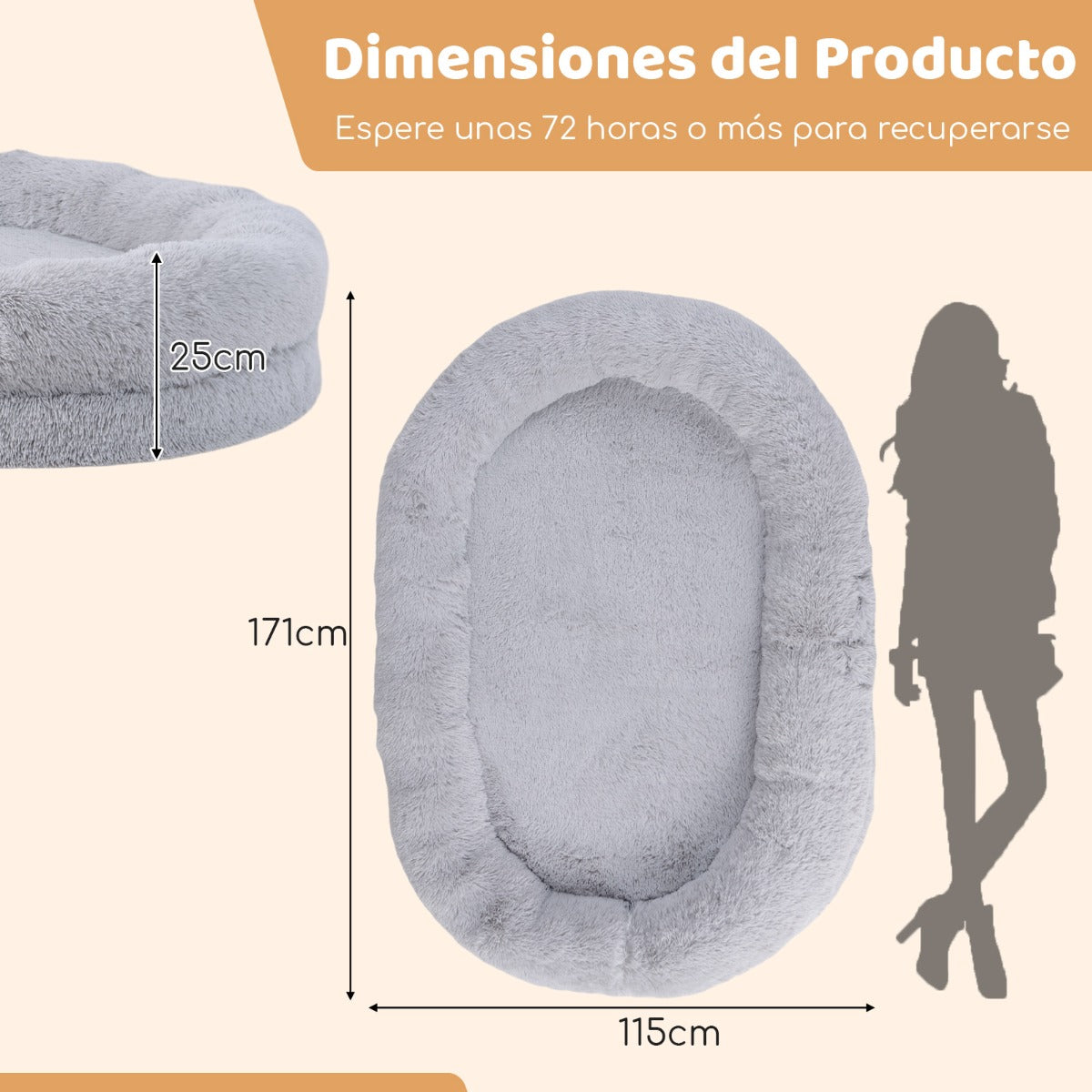 Cama para Siesta Lavable y Esponjosa de Piel Sintética Se Adapta Mascotas y Personas Adultos con Manta Almohada 171 x 115 x 25 cm Gris