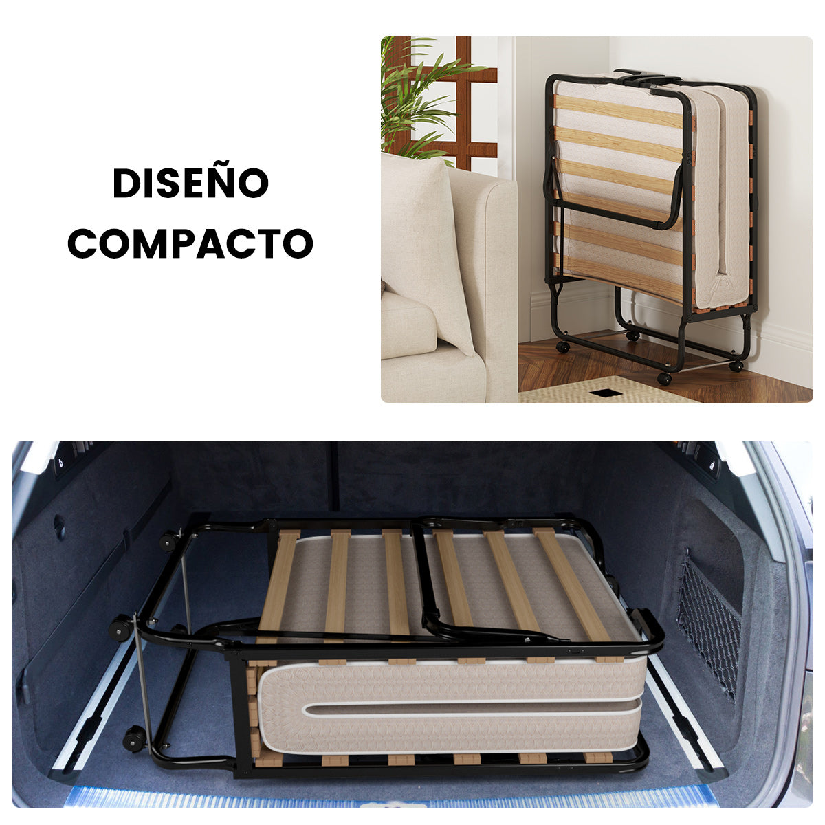 Cama Plegable 80 x 200 cm con Ruedas y Colchón de Espuma Viscoelástica & Fibra Hipoalergénica Cama para Huéspedes Compacta Portátil
