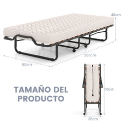 Cama Plegable 80 x 200 cm con Ruedas y Colchón de Espuma Viscoelástica & Fibra Hipoalergénica Cama para Huéspedes Compacta Portátil