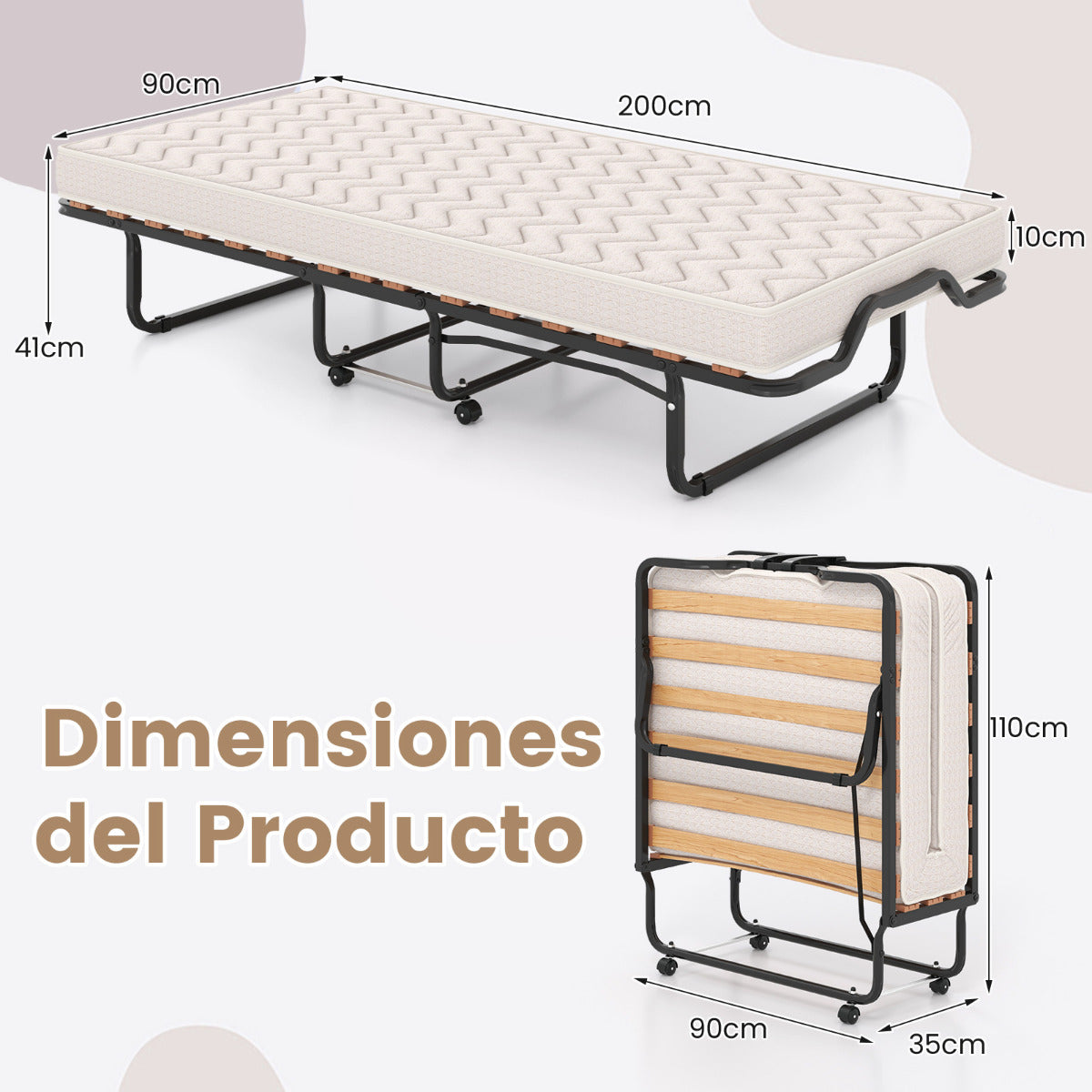 Cama Plegable 90 x 200 cm con Ruedas y Colchón de Espuma Viscoelástica & Fibra Hipoalergénica Cama para Huéspedes Compacta Portátil